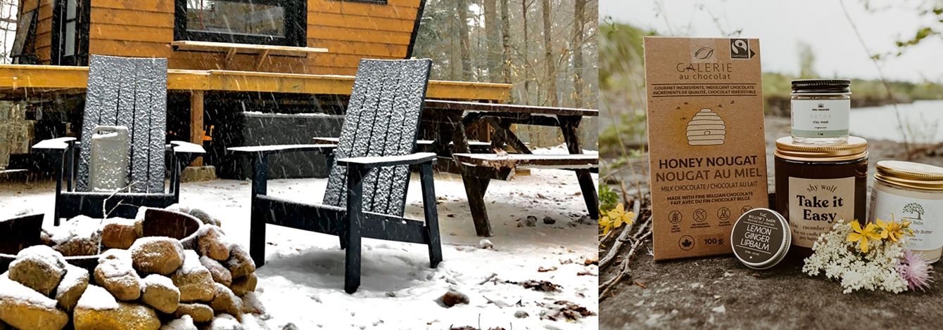 chairs around a firepit and some bodycare products