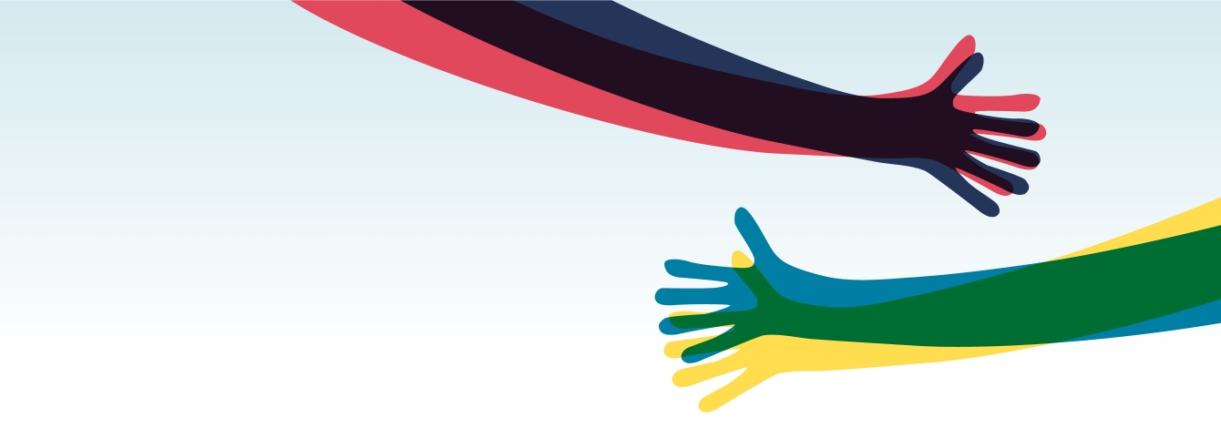 Illustrated, colorful hands in a hugging position