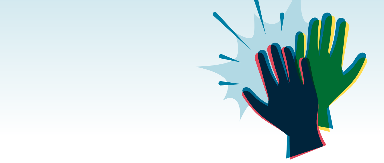 Illustrated, colorful hands doing a high five