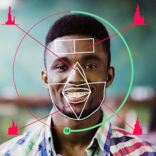 A young man with facial diagram overlays.