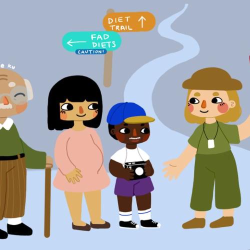 drawing of an older man, pregnant woman, young child and adult guide on a winding path of nutrition.