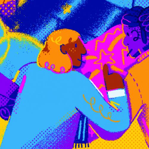 A colourful drawing of two people talking.