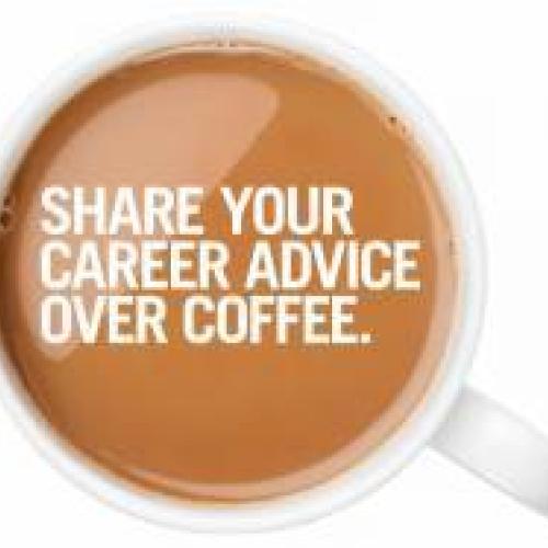 The words Share your career advice over coffee appear in a cup of coffee.