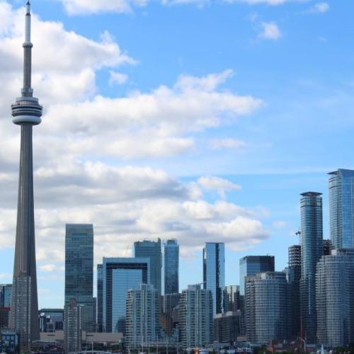 View of Toronto skyline with CN Tower surrounded by skyscrapers