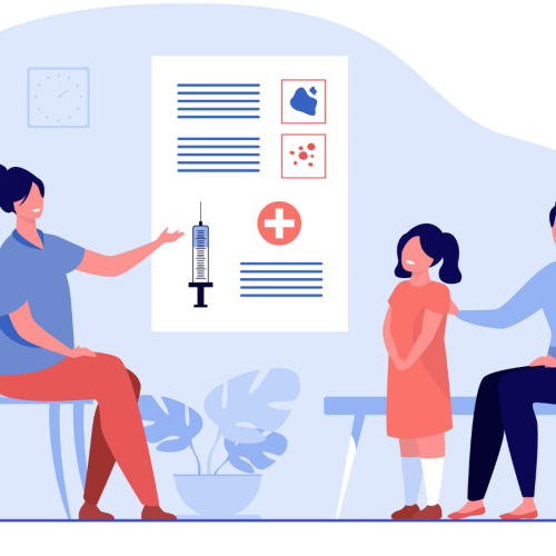 Child in doctor's office with partent and doctor or nurse.
