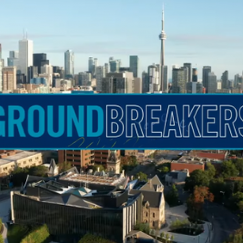 View of Toronto from the air with title shown of GROUNDBREAKERS.