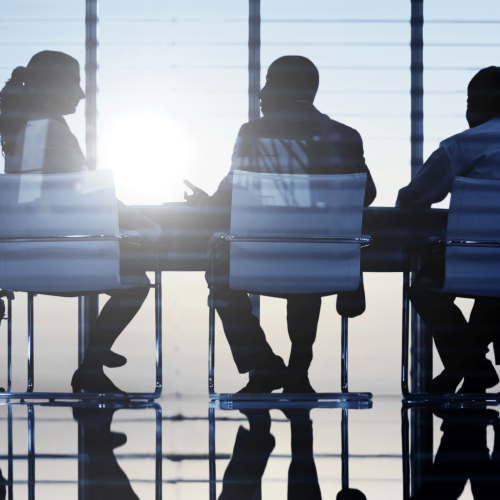 Silhouette of group of adults around a business board table in discussion.