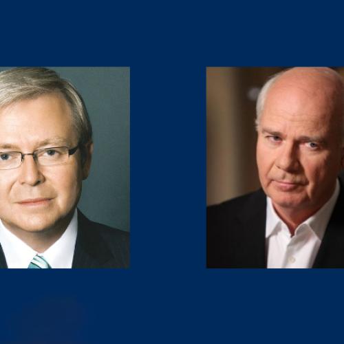 Speakers, Kevin Rudd and Peter Mansbridge, white males, shown in portrait.