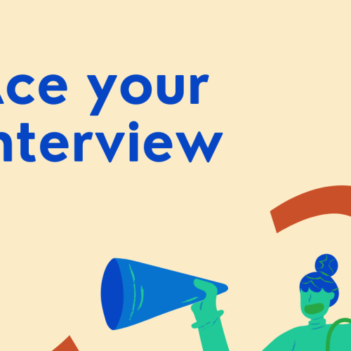 Illustration of woman cheering with megaphone and headline says Ace your interview.