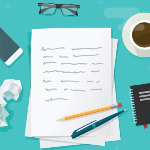 Illustrated visual of a desk top with a pen, pencil, paper and crumpled paper.