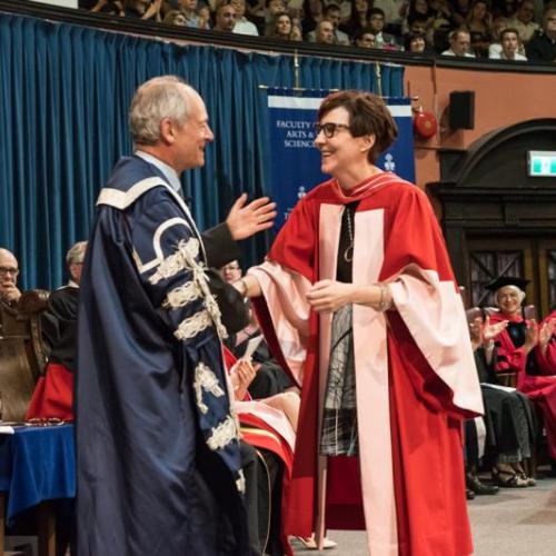 Cindy Blackstock speaks with U of T President Meric Gertler as she receives a Doctor of Laws, honoris causa, from U of T on Monday (photo by Lisa Sakulensky) 