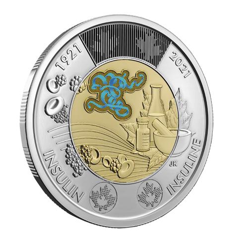 A coin is inscribed: Insulin 1921-2021. The design shows a maple leaf, scientific instruments, and cell structures.