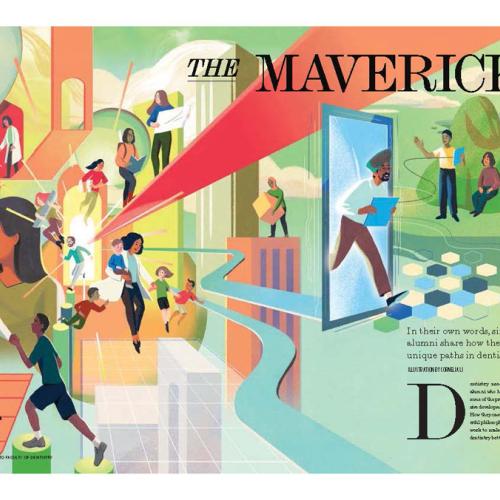 U of T Dentistry magazine open to a page showing a drawing with people waving, reaching out, walking through open doors, etc.