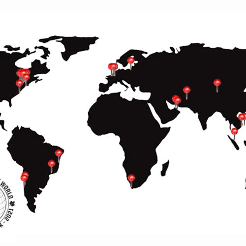 A map of the world with red pins stuck into it, and a logo that reads: Blues around the world, global virtual 5 K 2021.