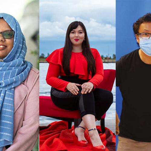 Three photos side by side show Miriam Abeid smiling, Lesley Hampton posing at a lake side and Stephen Lew wearing a mask.