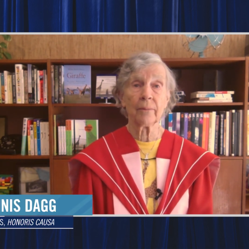 Anne Innis Dagg, wearing her academic robes and hood, speaks on video in front of a bookcase.