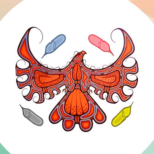 An artwork shows a stylized bird with spread wings, and four feathers in sacred colours: blue, red, yellow, black.
