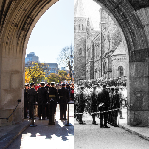 The Soldiers' Tower archway in its early days and now
