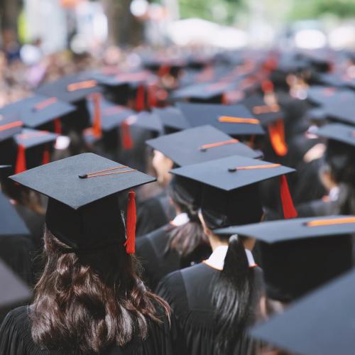 A crowd of students wearing graduation robes and mortarboard hats, seen from behind.
