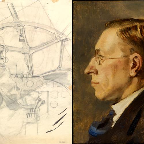 A compostite image shows a pencil sketch of a 1940s pilot in an airplane cockpit, and a painting of Frederick Banting.