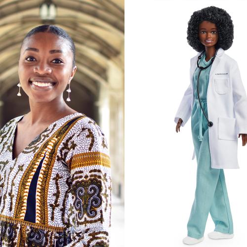 Side-by-side images: portrait of Chika Stacy Oriuwa and image of her barbie doll wearing scrubs, white coat and stethoscope.