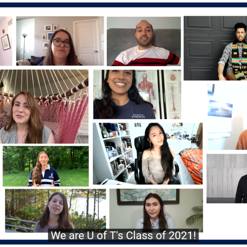 A collage of 13 images showing students speaking on video from rooms, parks, and offices.