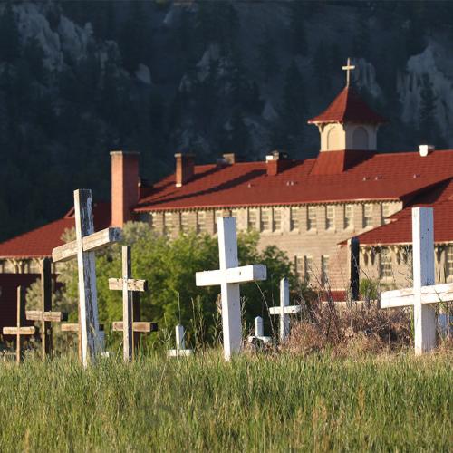 Wooden crosses rise from tall grass. In the background is a large building with a cross on the roof.