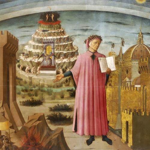 In a painting, the poet Dante stands between the gates of Hell and the walls of Heaven, with the mountain of Purgatory behind