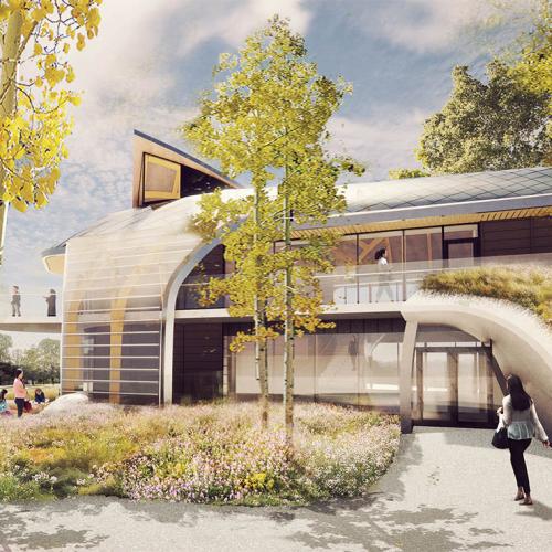 An illustration of the planned Indigenous House shows curving shapes and a green roof.