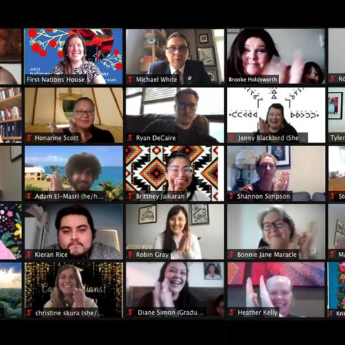 A grid of images shows 25 people participating in a video call, and applauding.