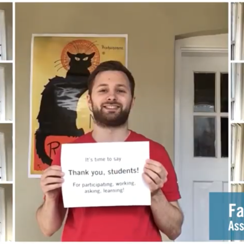 Fabian Parsch holds up a sign to the camera reading: Thank you students, for participating, asking, working, learning.