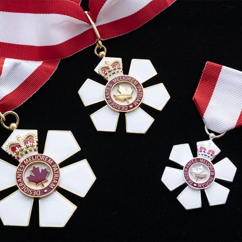 The six-petaled Order of Canada medal contains a crown, a maple leaf, and the words: Desiderantes meliorem patriam