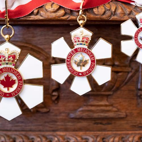 Three Order of Canada medals: six white petals surround a maple leaf and crown hub.