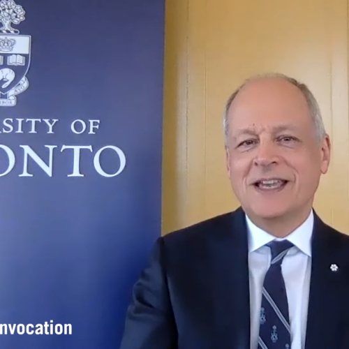 Meric Gertler speaks on video in front of a banner that reads University of Toronto, #UofTGrad21, and utoronto.ca/convocation