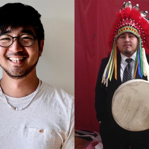 Side-by-side photos: Hyungu Kang smiling, and Terrance Lafromboise wearing ceremonial regalia and holding a drum.