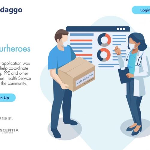 A screenshot of the Indaggo website shows an illustration of a man in a mask delivering a box to a masked doctor.