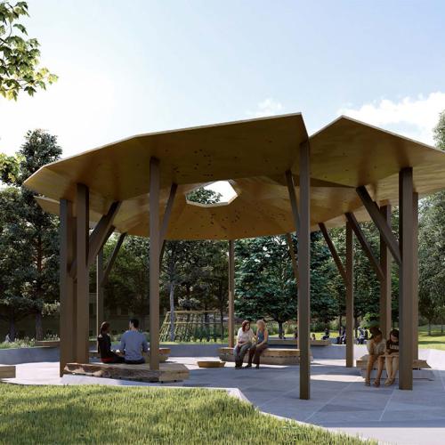 A drawing of the Indigenous pavilion shows a saucer-shaped wooden roof on 13 slim pillars, with a central hole for fire smoke