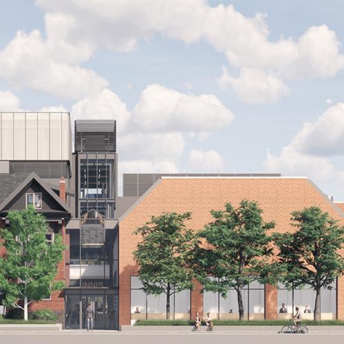 An illustration of the planned Innis College renewal shows a glass-walled stairwell connecting heritage and modern buildings.