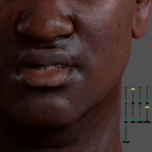 Close-up on the lower face of an animated male figure, mid-speech. An array of sliders to one side move up and down.