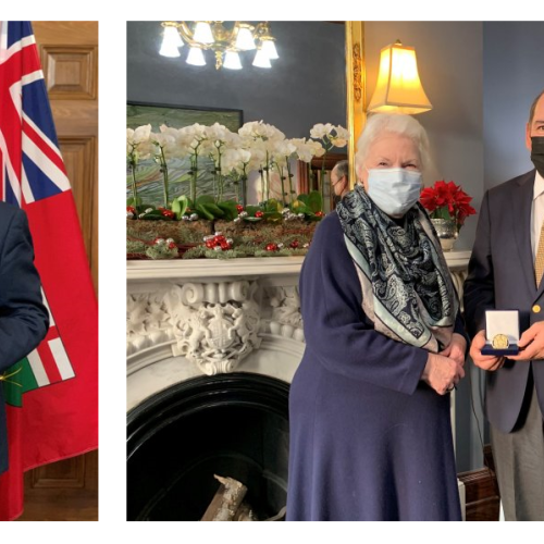 Side-by-side images: James Bird holds a ceremonial coin, James Bird with Elizabeth Dowdeswell wear masks and stand together.