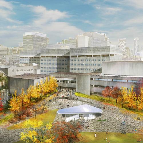 An artist's illustration shows a tiled plaza with ramps and a shelter on Front Campus outside the Temerty Faculty of Medicine.
