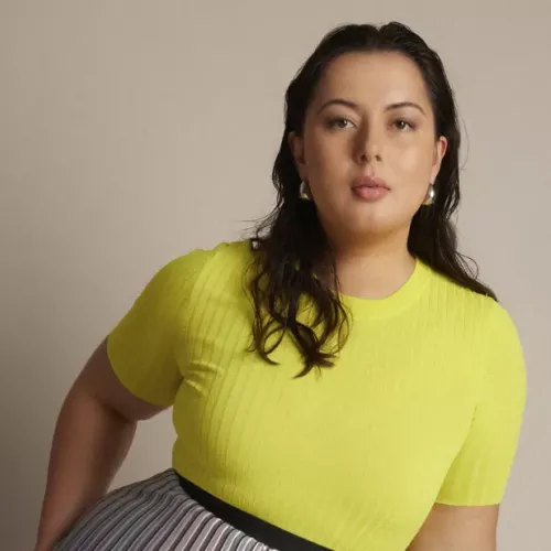 A model wearing Lesley Hampton's designs