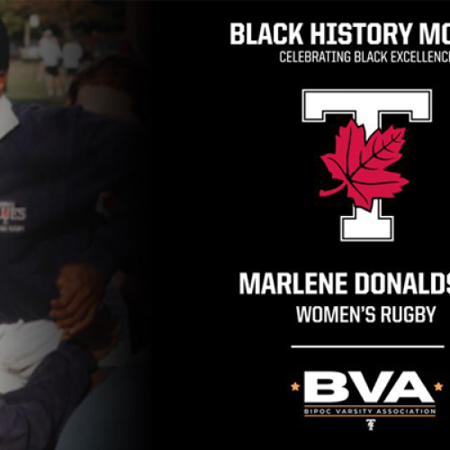 Composite image: Marlene Donaldson smiling on a rubgy field and text that reads: Black History Month, Marlene Donaldson.