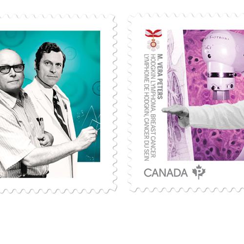 Two stamps: James Till and Ernest McCulloch with a bone cross-section, and Vera Peters with a radiation machine.