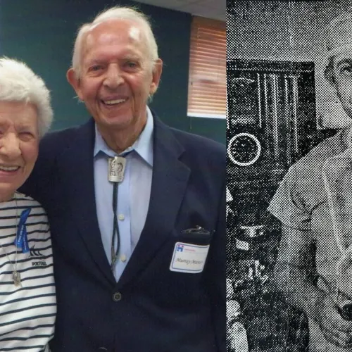 A current day photo of Murray with a woman and an archival photo of Murray in medical scrubs