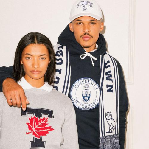 Models wear sweatshirts, hats and scarfs from the OVO collection, with U of T and owl logos.