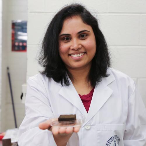 Pavani Cherukupally smiles as she holds out a small square sponge soaked in oil.