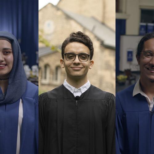 SIde-by-side images of Amna Adnan, Khaled Elemam, and Devlin Grewal, each dressed in academic robes and smiling.