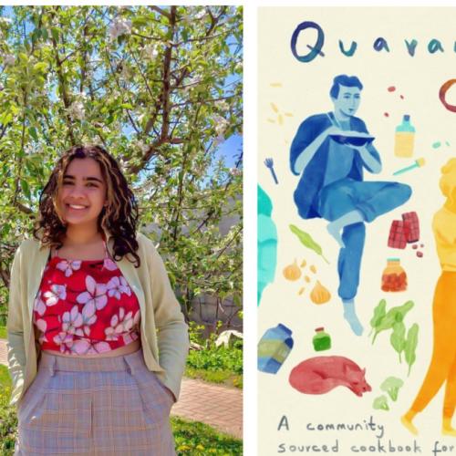 A double image: Rajpreet Sidhu smiles, standing in a park. The cover of Quarantined Chefs: A community sourced cookbook.