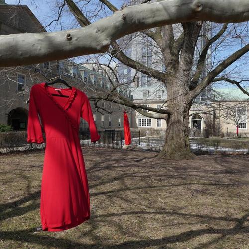 Red dresses, symbolizing missing and murdered Indigenous women and girls, decorate trees in a grassy courtyard at U of T.